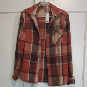 NWT Coofandy Plaid Casual Button-Down Shirt - Orange and Brown Sz M